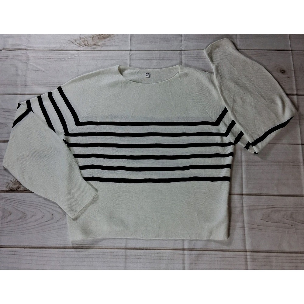 UNIQLO Womens M Striped Boat Neck Sweater White Black Breton Long Sleeve Knit